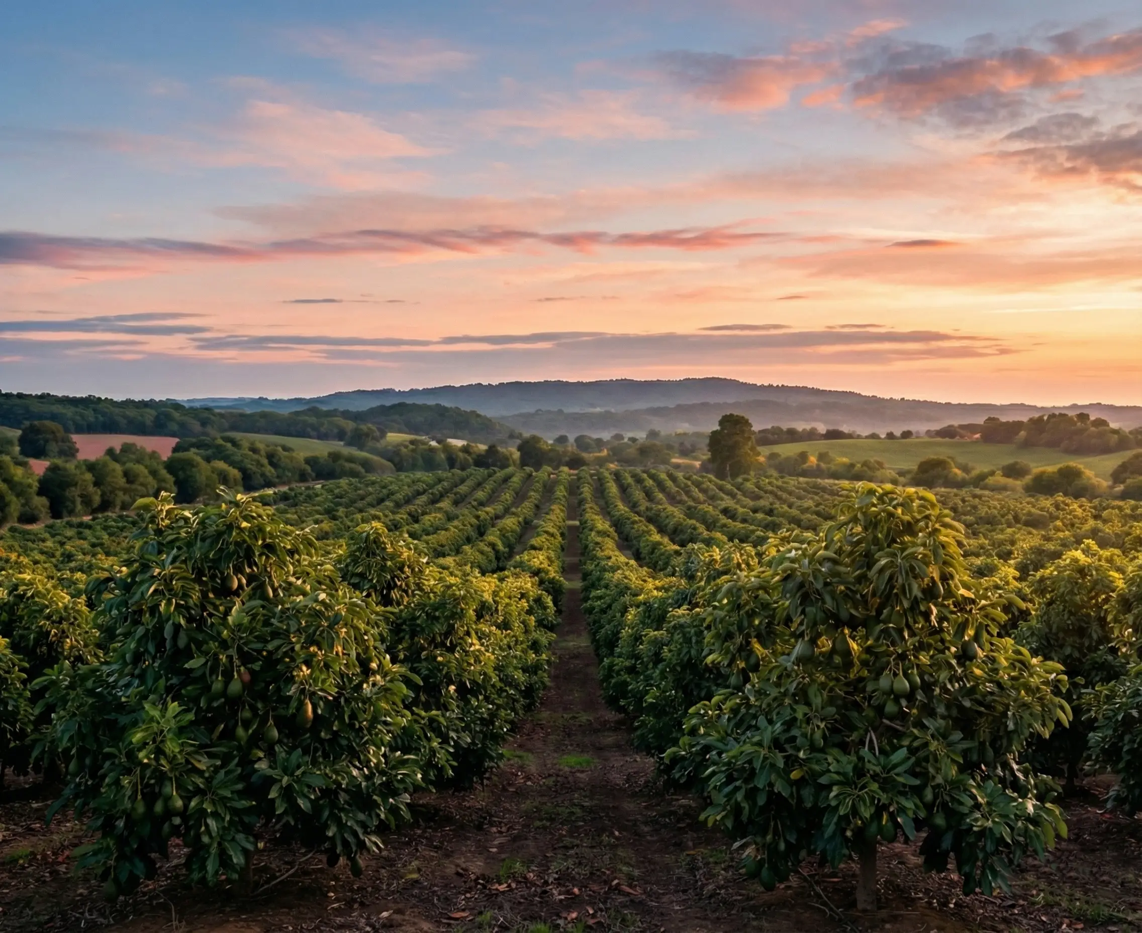Vista cinematográfica de un viñedo al atardecer con colinas ondulantes y viñas verdes